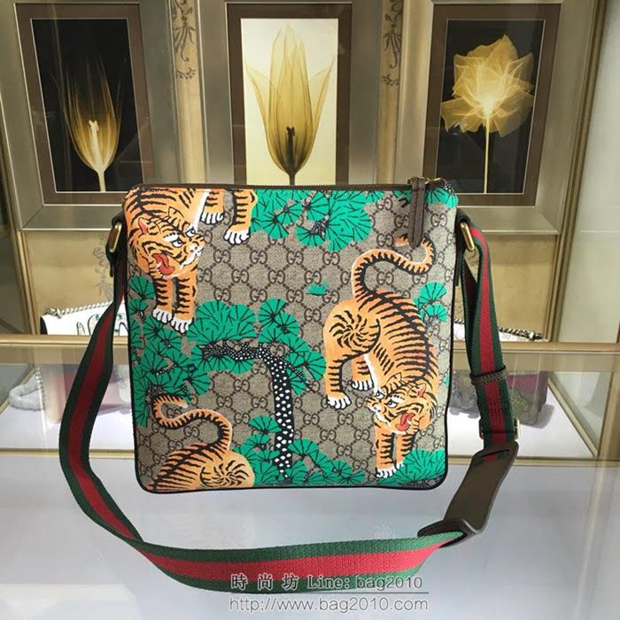GUCCI 古馳男包 新款 406408 pvc刺繡 老虎圖案 高級人造革 Gucci男士單肩斜挎包